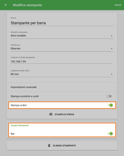 Attiva 'Stampa ordini', seleziona il gruppo stampante