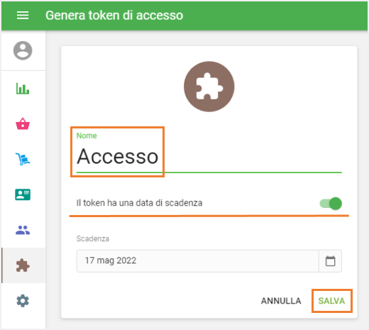 Il modulo 'Crea token di accesso'