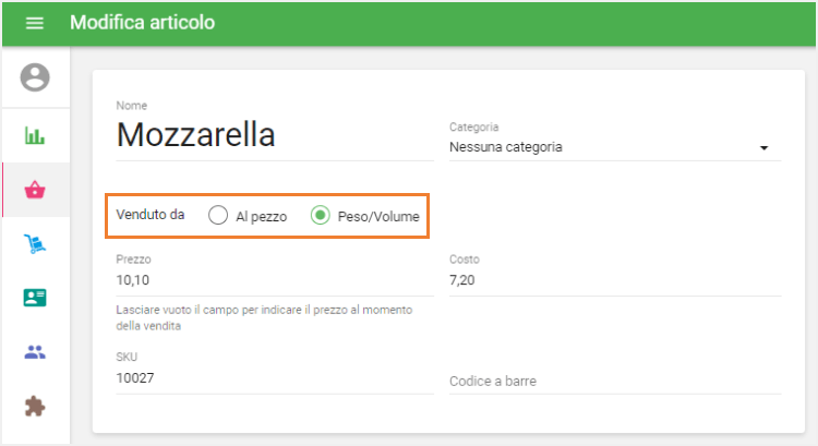l'opzione 'Venduti da peso'