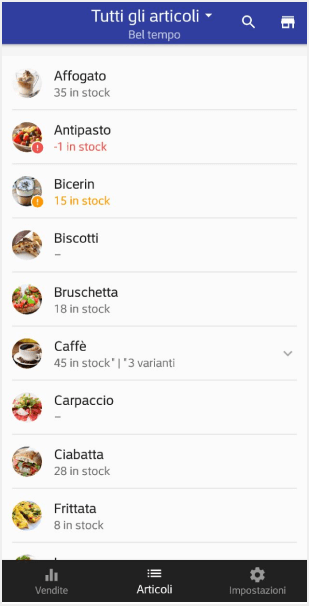 articoli in stock, in esaurimento o esauriti