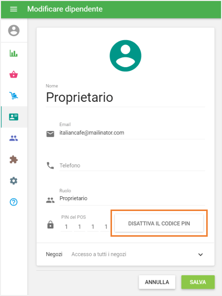 pulsante 'Disattiva il codice PIN'