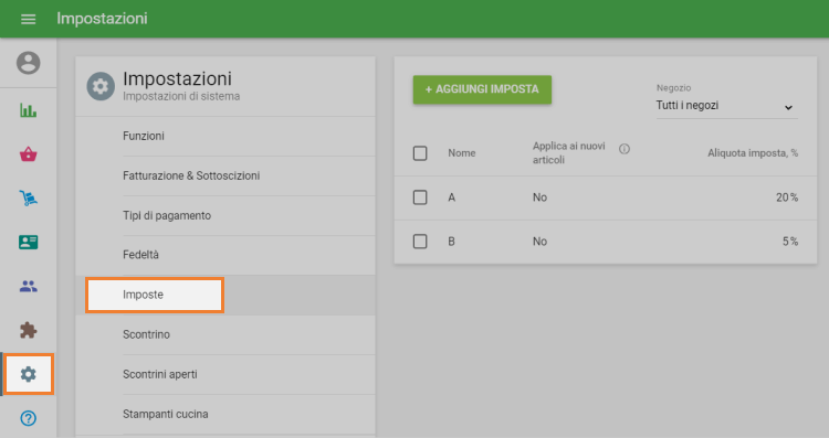 sezione 'Imposte' in 'Impostazioni'