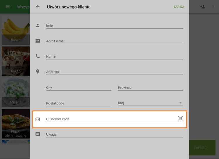 Wypełnij pole 'Kod klienta'