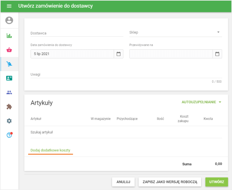 Kliknij 'Dodaj dodatkowe koszty'