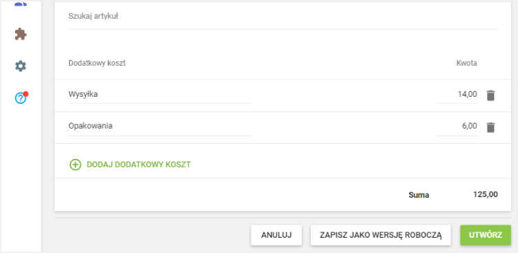 'Dodatkowego kosztu' i 'Kwotę'