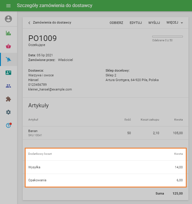 sekcja dodatkowych kosztów w Zamówienii do dostawcy