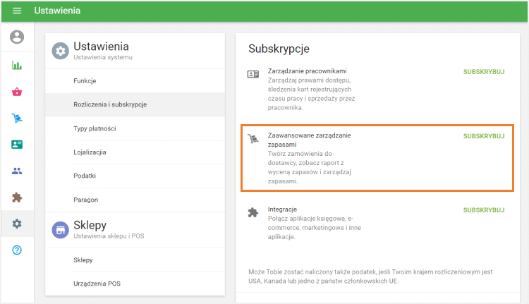 menu 'Zaawansowane zarządzanie zapasami'