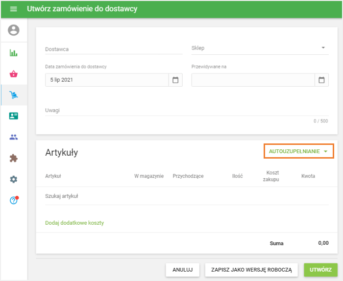 opcja autouzupełnianie