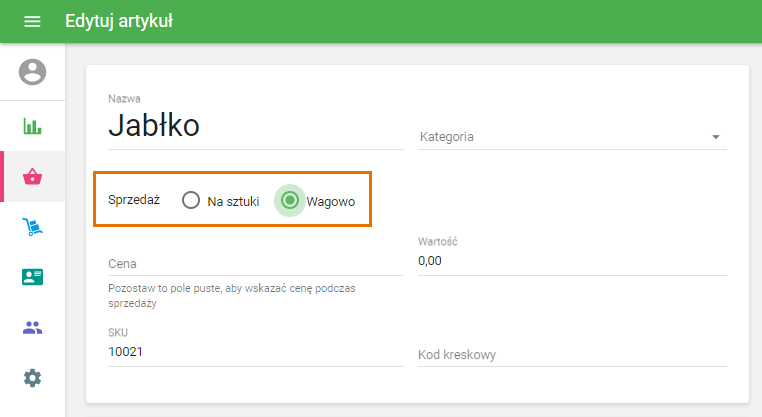 Opcja „sprzedawane na wagę”