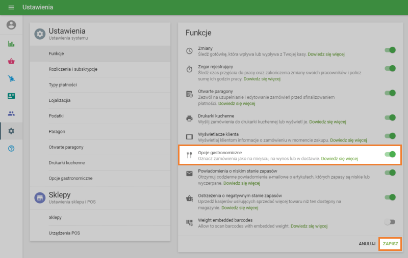 suwak „Opcje gastronomiczne”