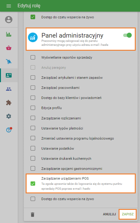 pole „Zarządzaj urządzeniami POS”