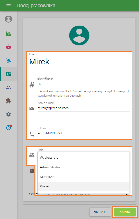 okno „Dodaj pracownika”