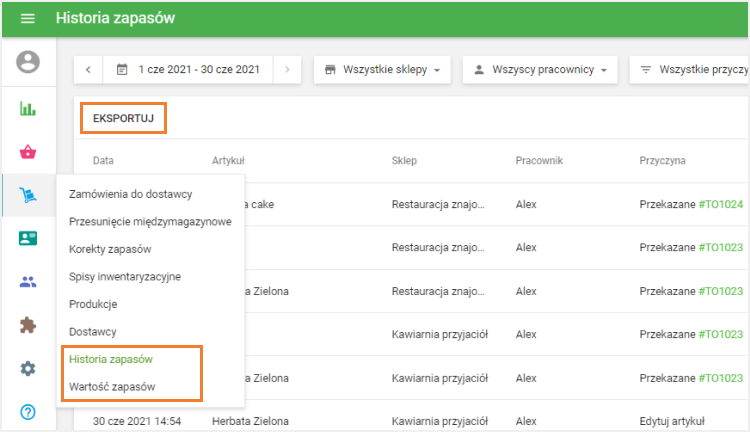 Historii zapasów i Wartości zapasów