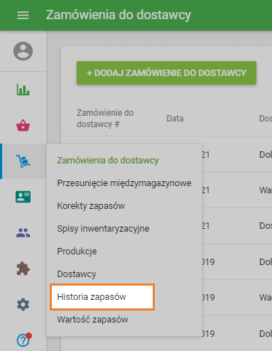 sekcja „Historia zapasów”