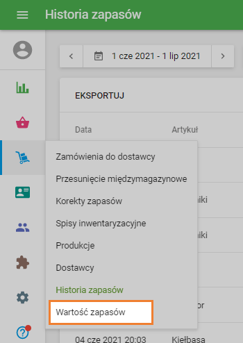 sekcja „Wartość zapasów”