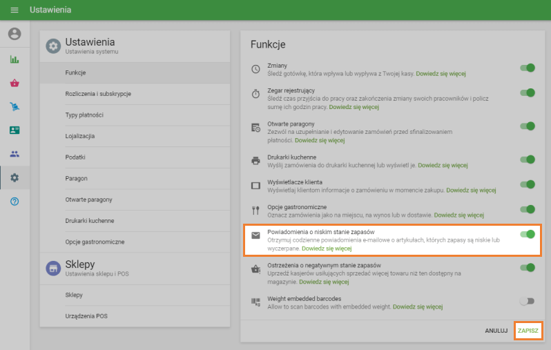 Opcja 'Powiadomienia o niskim stanie zapasów'