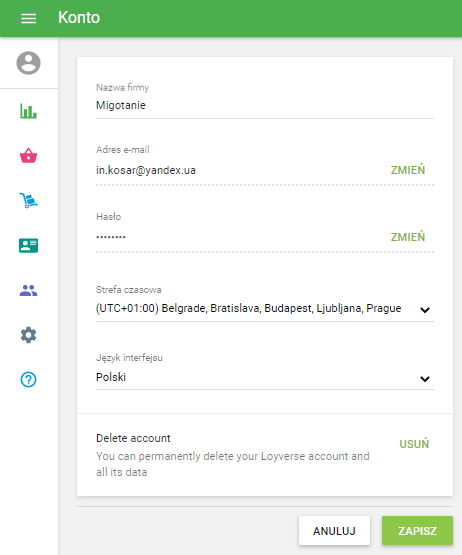 formularz profilu konta