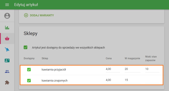 Parametry pozycji dla każdego sklepu