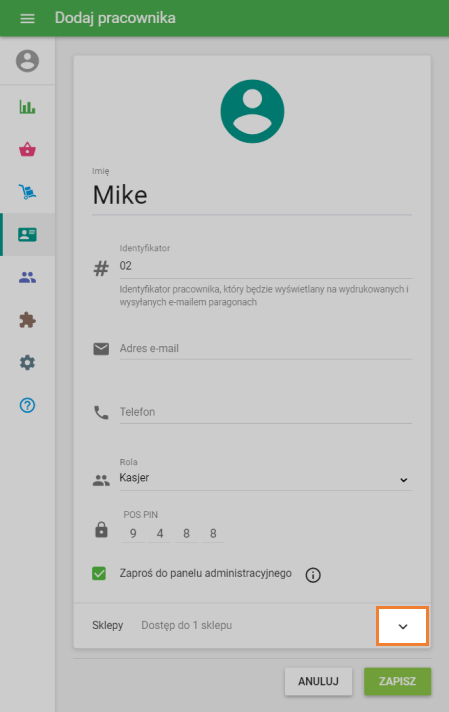 Znajdź wiersz „Sklepy” i kliknij strzałkę w dół