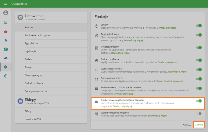 'Ostrzeżenia o negatywnym stanie zapasów'