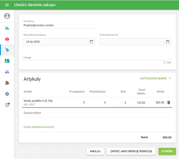Utwórz zamówienie zakupu