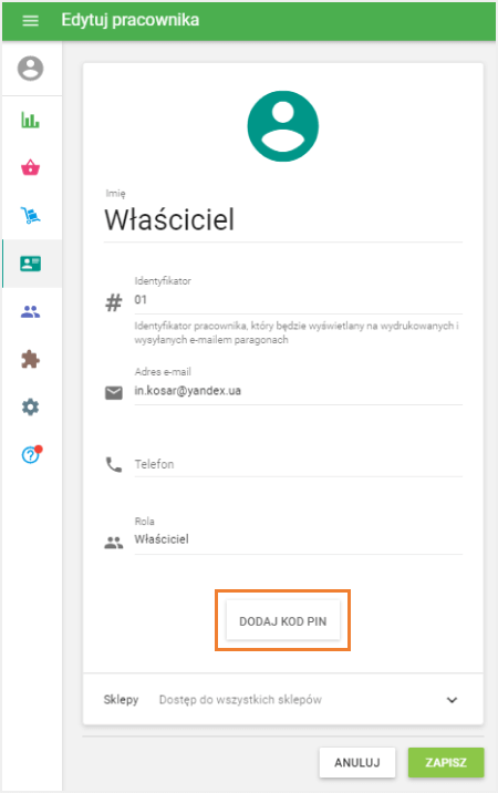 przycisk 'Dodaj kod PIN'