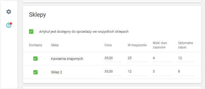 pola 'W magazynie' i 'Niski stan zapasów'