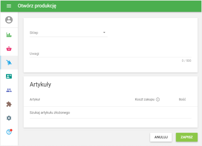 Formularz 'Otwórz produkcję'