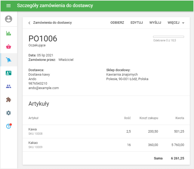 zamówienie do dostawcy