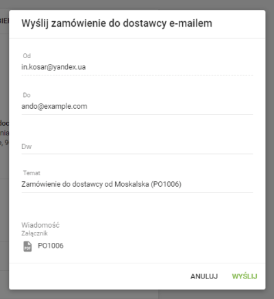 Wyślij zamówienie do dostawcy