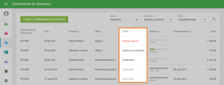 4 różne statusy zamówień do dostawcy