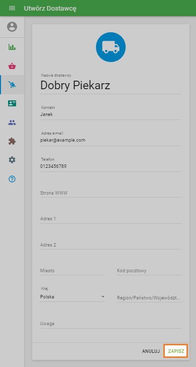 formularz „Utwórz Dostawcę”