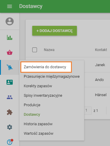 sekcja „Zamówienia do dostawcy”