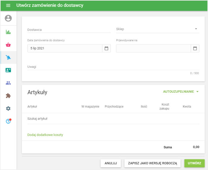 Formularz „Utwórz zamówienie do dostawcy”