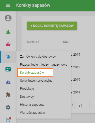 sekcja „Korekty zapasów”