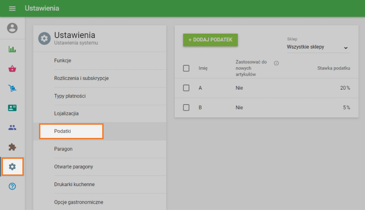 „Podatki” w „Ustawieniach”