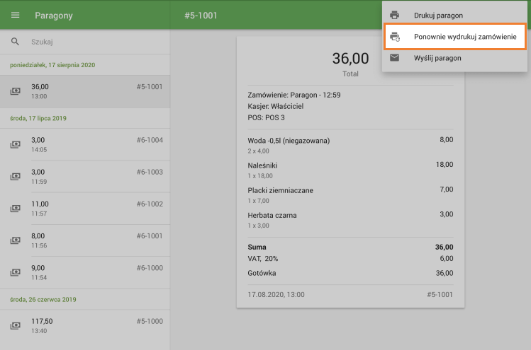 Przycisk 'Przedrukuj zamówienie'