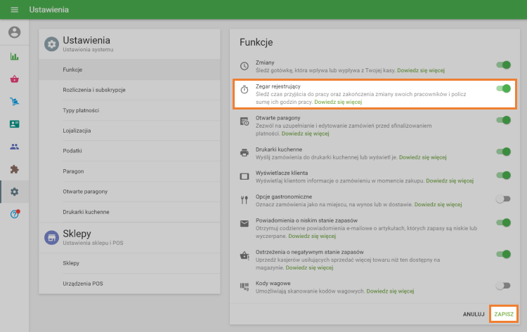 włącz suwak 'Zegar rejestrujący'