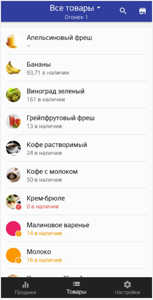 Список товаров с остатками