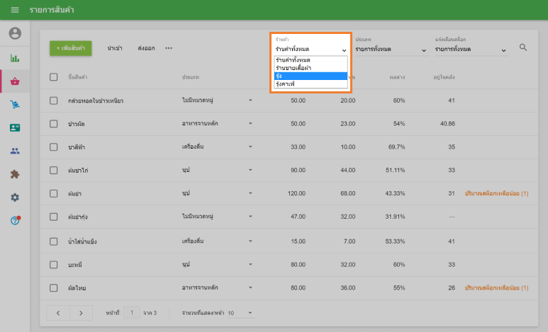 รายการสินค้าสำหรับร้านค้าที่เลือก