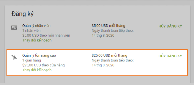 Thông tin về đăng ký đang hoạt động