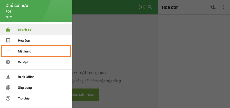 chọn trình đơn 'Mặt hàng'