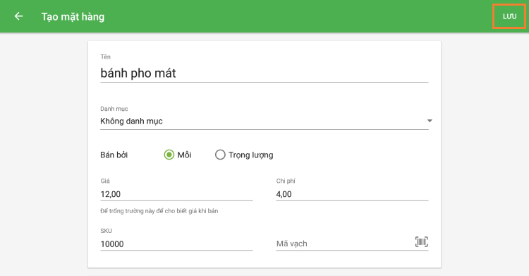 trang 'Tạo mặt hàng'