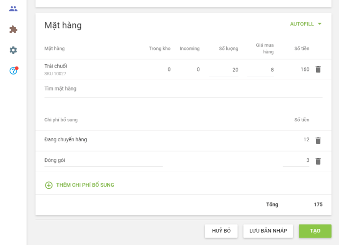 Điền vào tên 'Chi phí bổ sung' và 'Lượng'