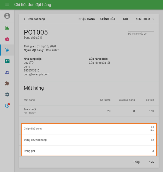 đơn đặt hàng với chi phí bổ sung