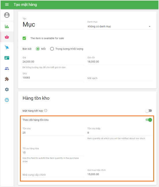 các trường bổ sung trong phần 'Theo dõi kho hàng'