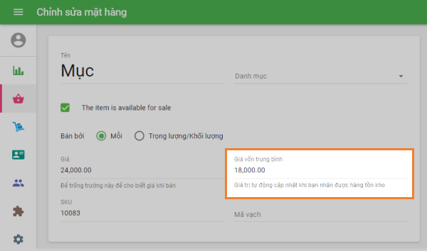 Trường không thể chỉnh sửa 'Chi phí trung bình'