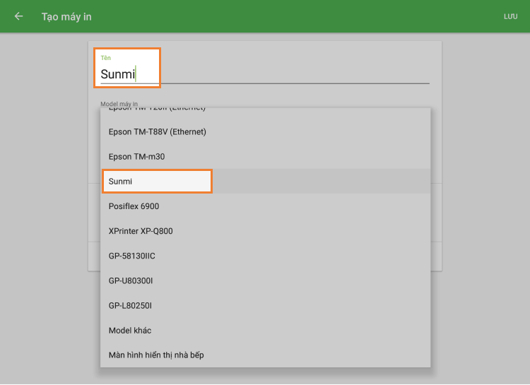 chọn các kiểu máy in SUNMI