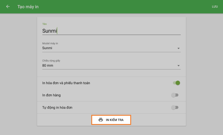 Nhấn vào nút 'Kiểm tra in'