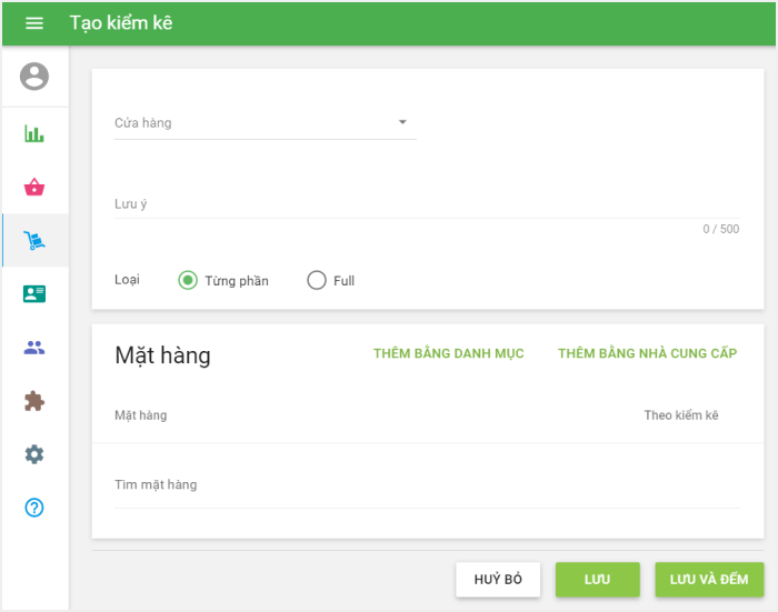 Màn hình 'Tạo kiểm kê'